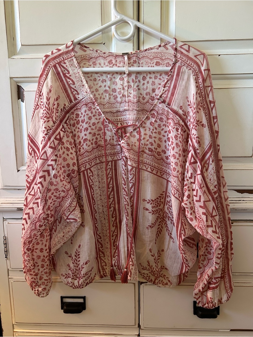 Free People Cream and Red Printed Boho Tunic